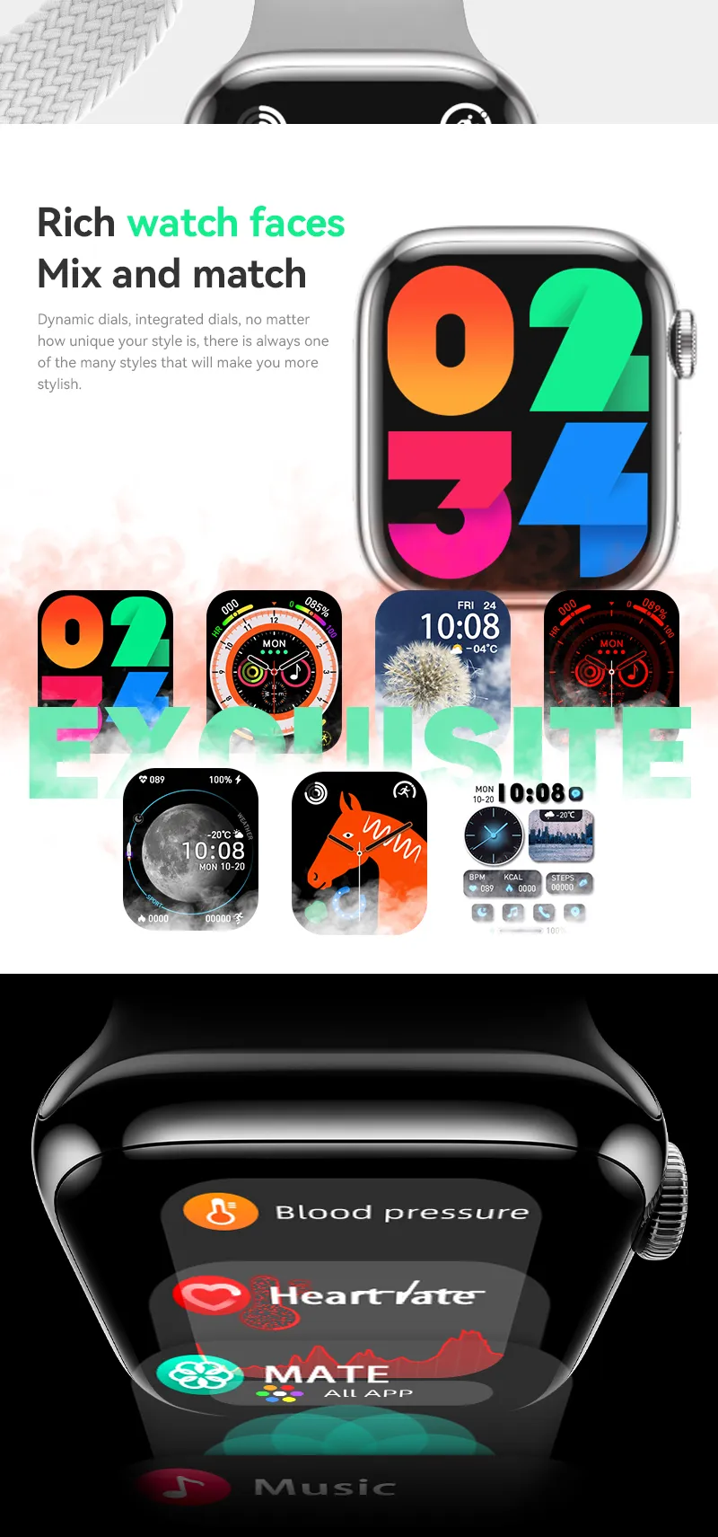 EONIX CX800 Pro Smartwatch displaying various watch faces along with blood pressure and heart rate monitoring