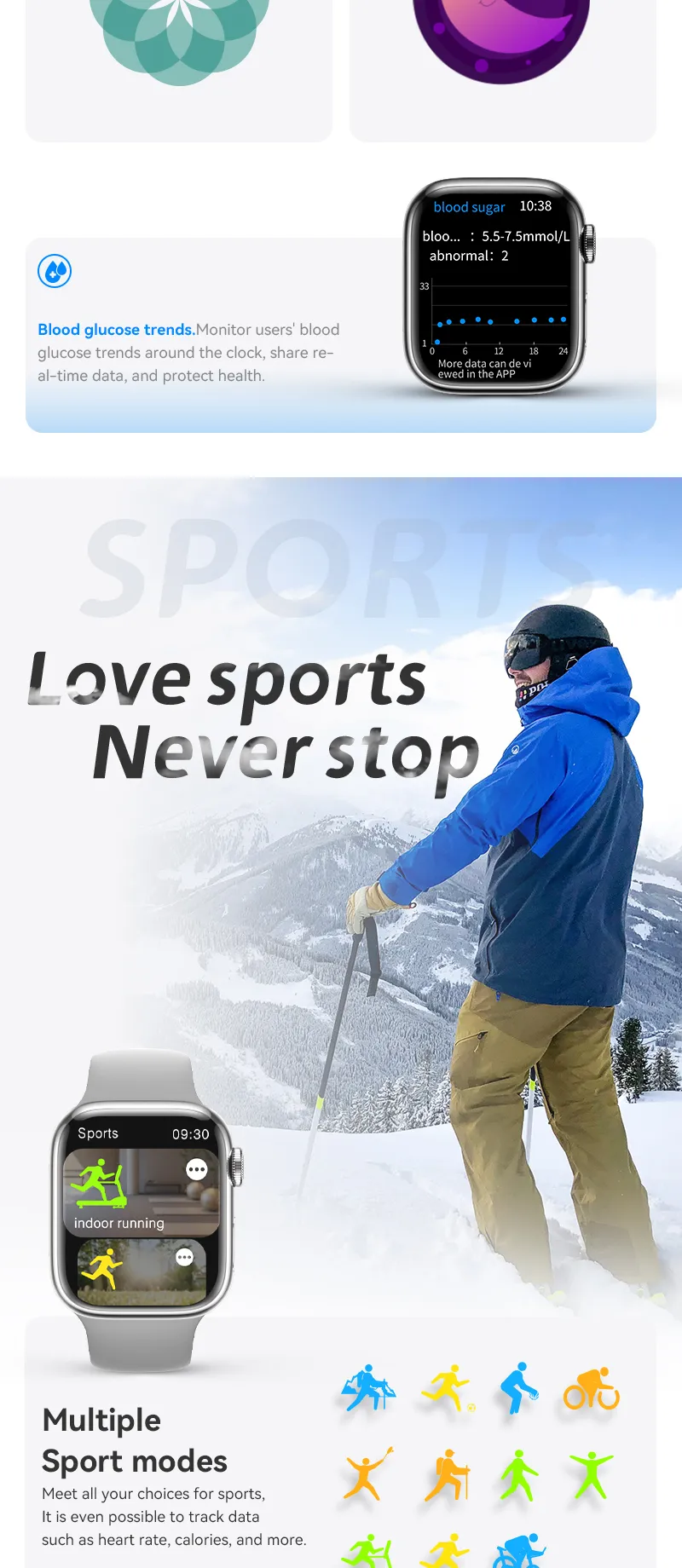 EONIX CX800 Pro Smartwatch displaying various sports modes for fitness tracking.