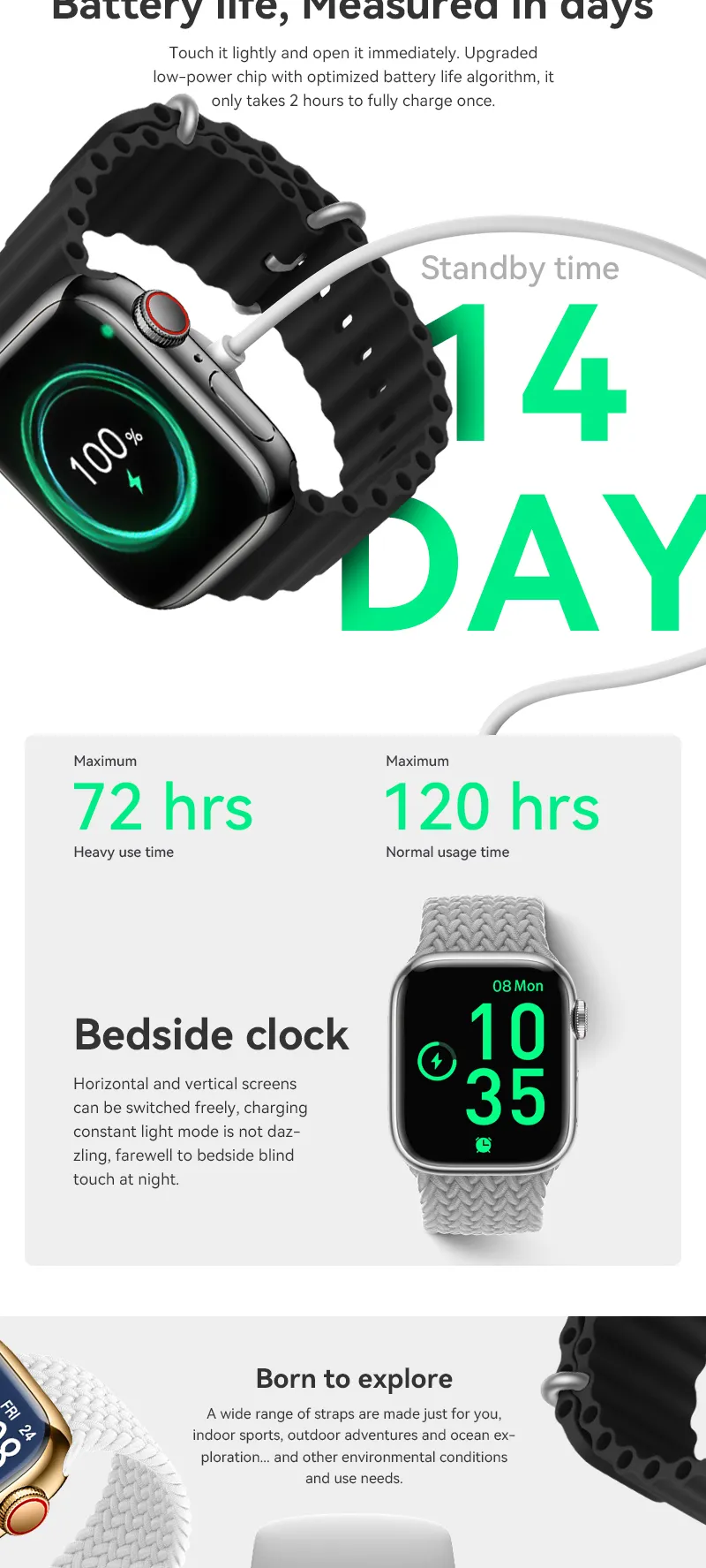 EONIX CX800 Pro Smartwatch highlighting 14-day standby battery life and bedside clock feature.