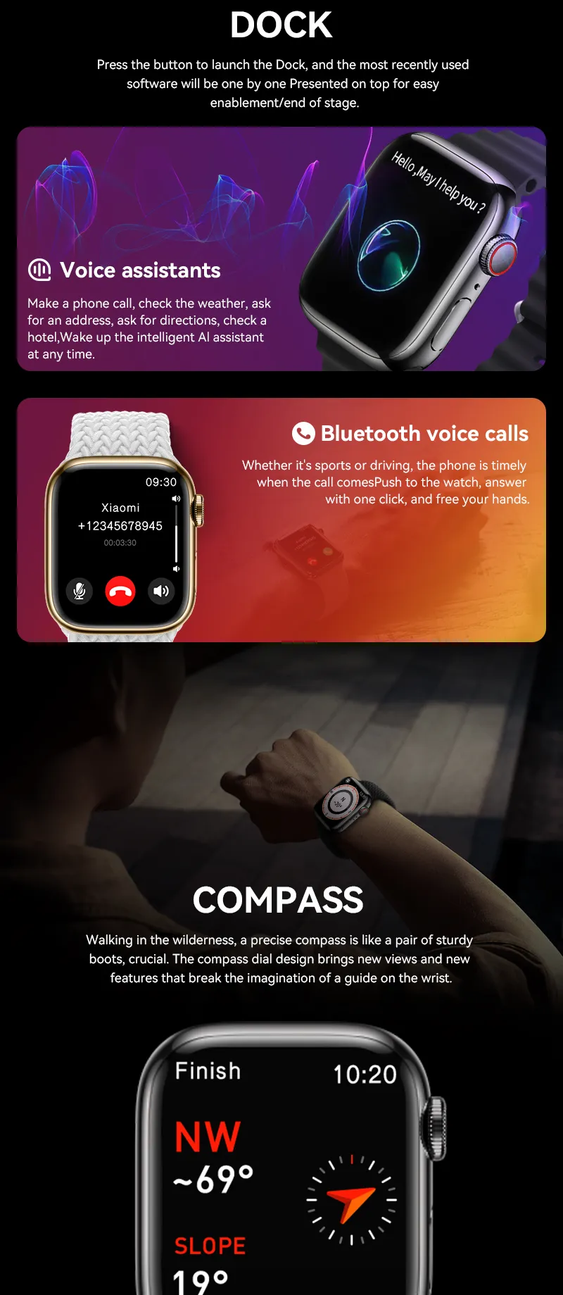 EONIX CX800 Pro Smartwatch on charging dock, featuring voice assistant, Bluetooth calling, and compass.