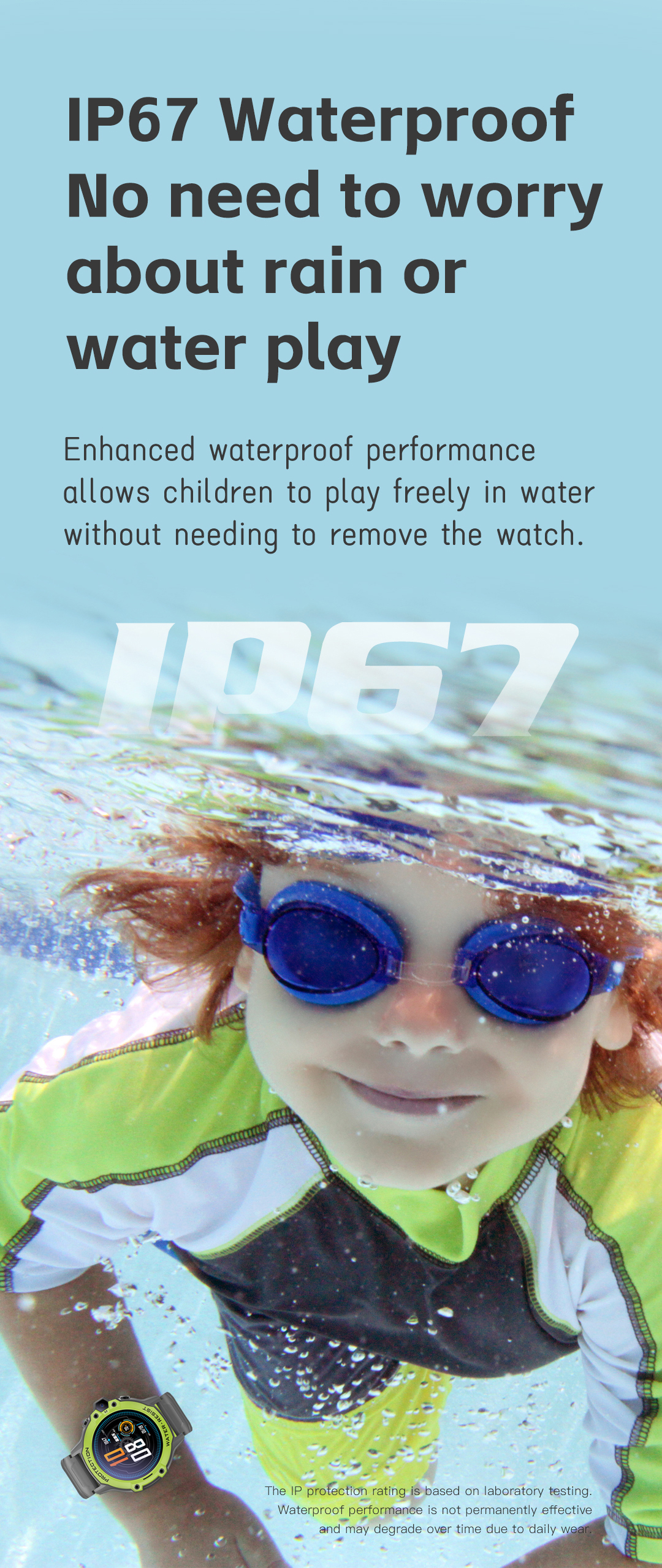 EONIX Kids Smart Watch demonstrating its IP67 waterproof capability, safe from splashes and brief submersion.