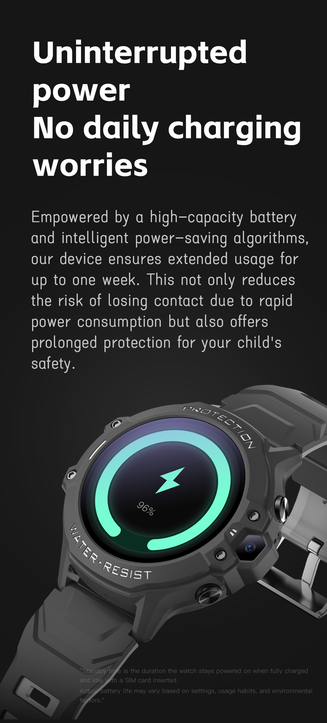 EONIX Kids Smart Watch featuring long-lasting battery life, reducing the need for daily charging.