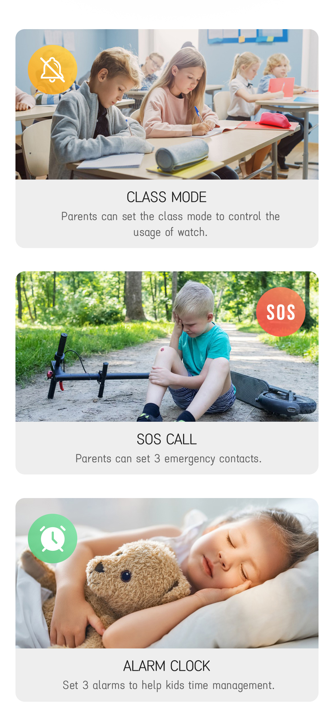 EONIX Kids Smart Watch showcasing class mode, SOS function, and alarm call features for school settings.