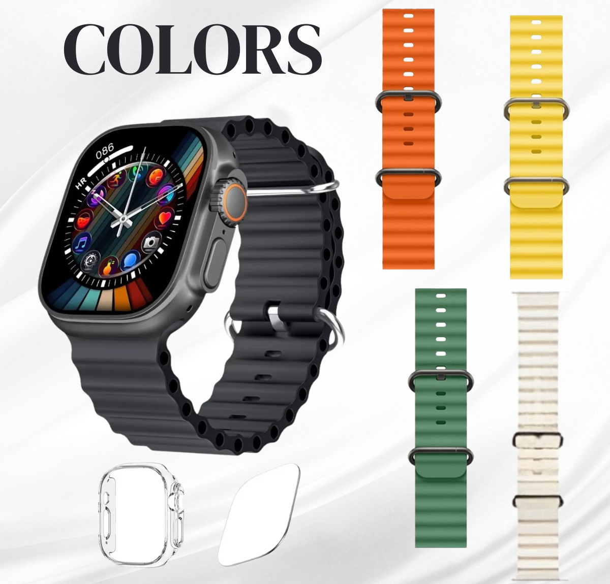 HK10 Ultra-A Smartwatch available in vibrant colors: yellow, orange, green, black, and grey.