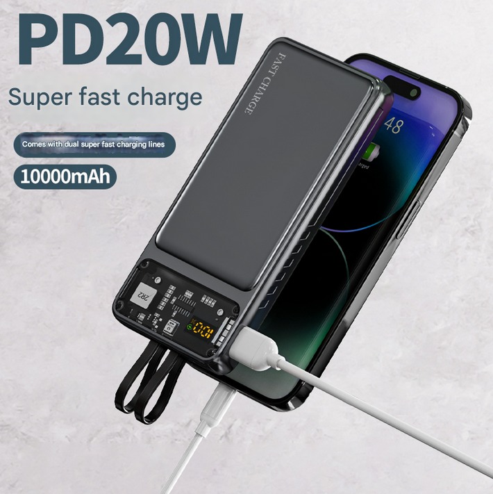 Power bank with 4 output ports charging multiple devices at once.