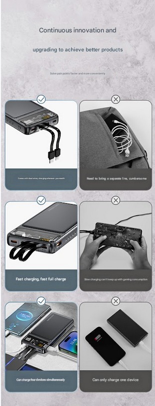 Built-in cables on EONIX power bank with USB-C, Micro-USB, and Lightning.