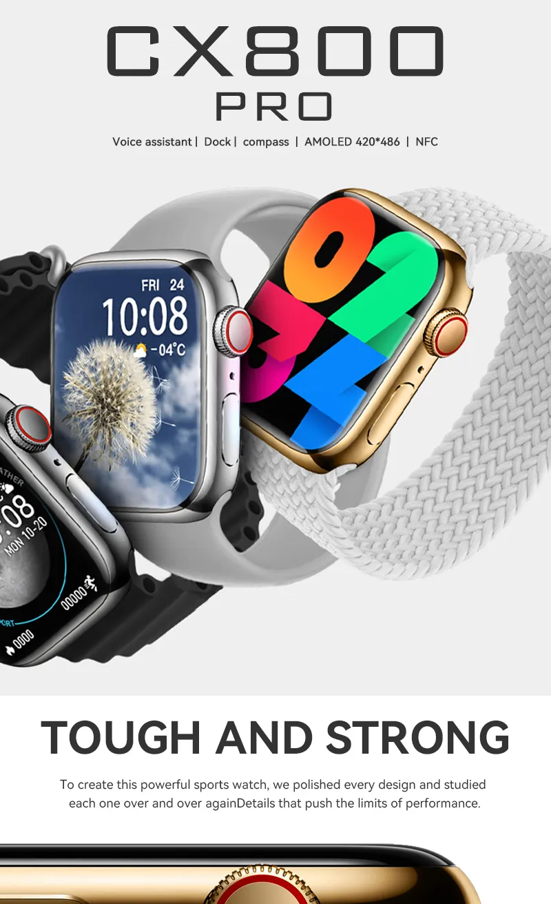 EONIX CX800 Pro Smartwatch displaying voice assistant, charging dock, compass, NFC, and 420×486 AMOLED screen.