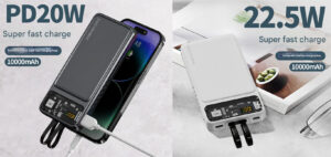 EONIX 10000mAh power banks with PD20W and 22.5W fast charging capability, featuring dual USB output, LED display, and sleek black and white designs