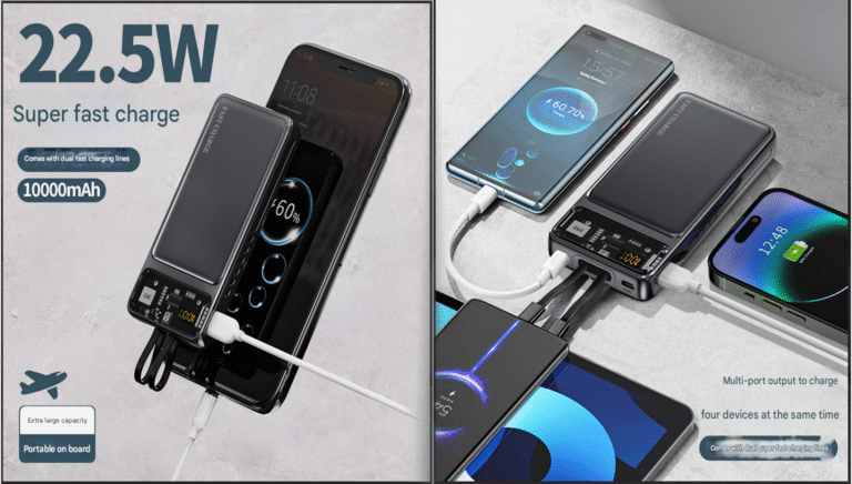 Sleek black EONIX 10000mAh power bank with LED indicators and USB ports