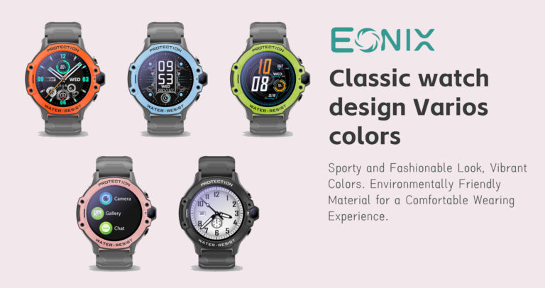 EONIX smartwatch in orange, blue, green, black, and pink color options